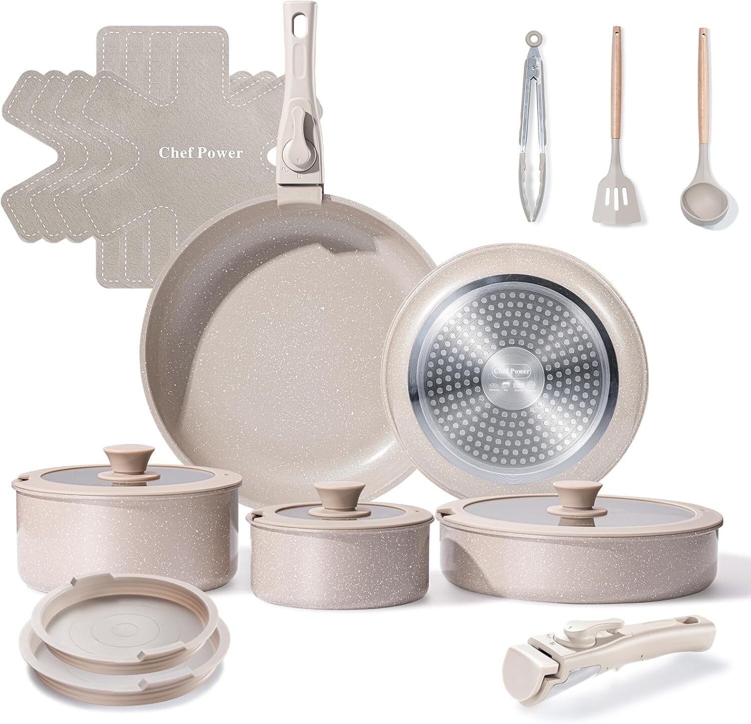 Ceramic Nonstick Pots and Pans Set 19 Piece with Detachable Handle, Induction