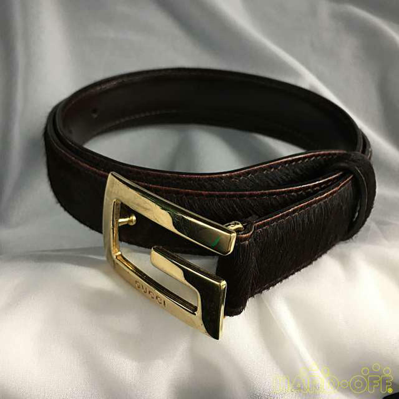 GUCCI 036 2888 Gold Square G Buckle Leather Belt Dark Brown Size