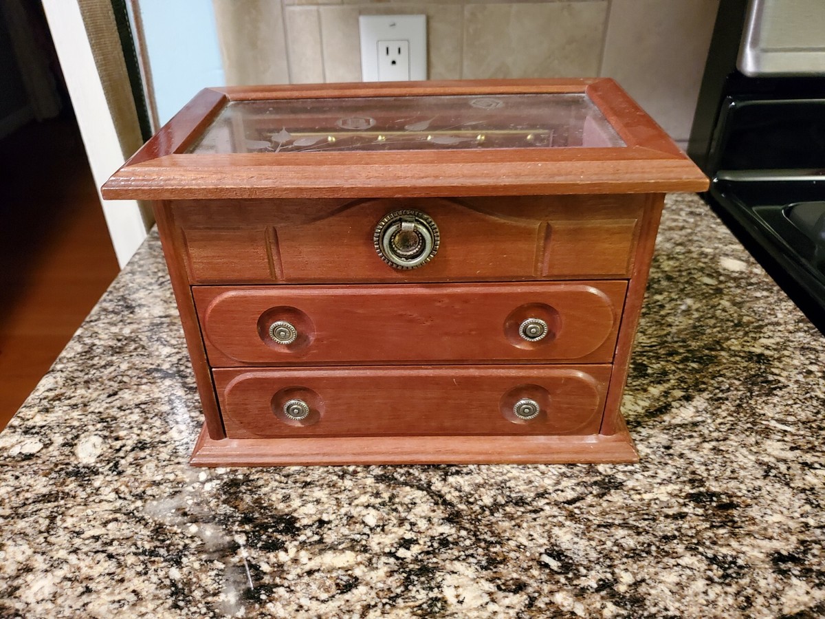 Vintage Wood Jewelry Box with Drawers, Etched Glass Top, Necklace Section