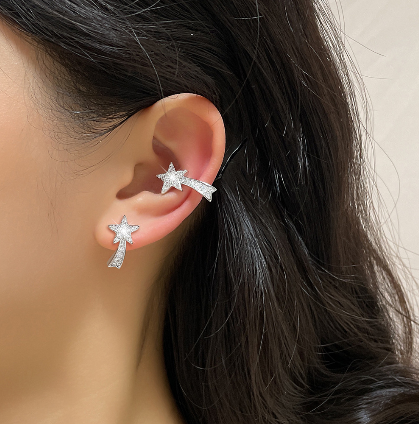★SENTIMENTS★ NO.336 [SILVER] EARRING 2Pcs No Pierced 925 Silver Plated CZ Star Clip Ear Cuff