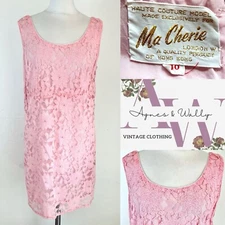 Haute Couture Ma Cherie Pink Lace Mini Dress 1960s Size U.K. 12 Go Go Mod Dress