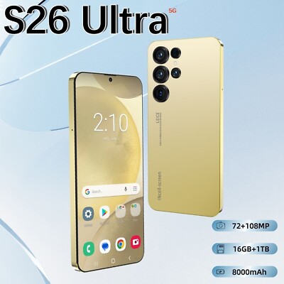S26 Ultra 5G Smartphone 7.0in Unlocked Android 15 Cellphones Dual 16GB+1TB Gold
