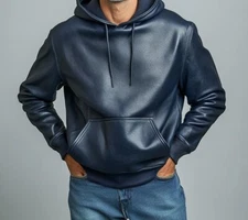 Men's Leather Blue Hoodie In Genuine Leather Handmade Premium Hoodie