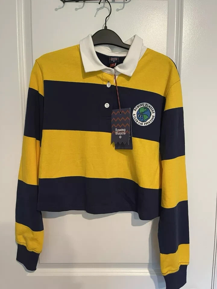 FILA Blazer canottaggio donna maglia manica lunga colletto righe giallo e blu nuovo con etichetta