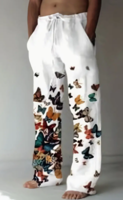 Men Pants Butterfly Off White Casual Elastic Waist Drawstring