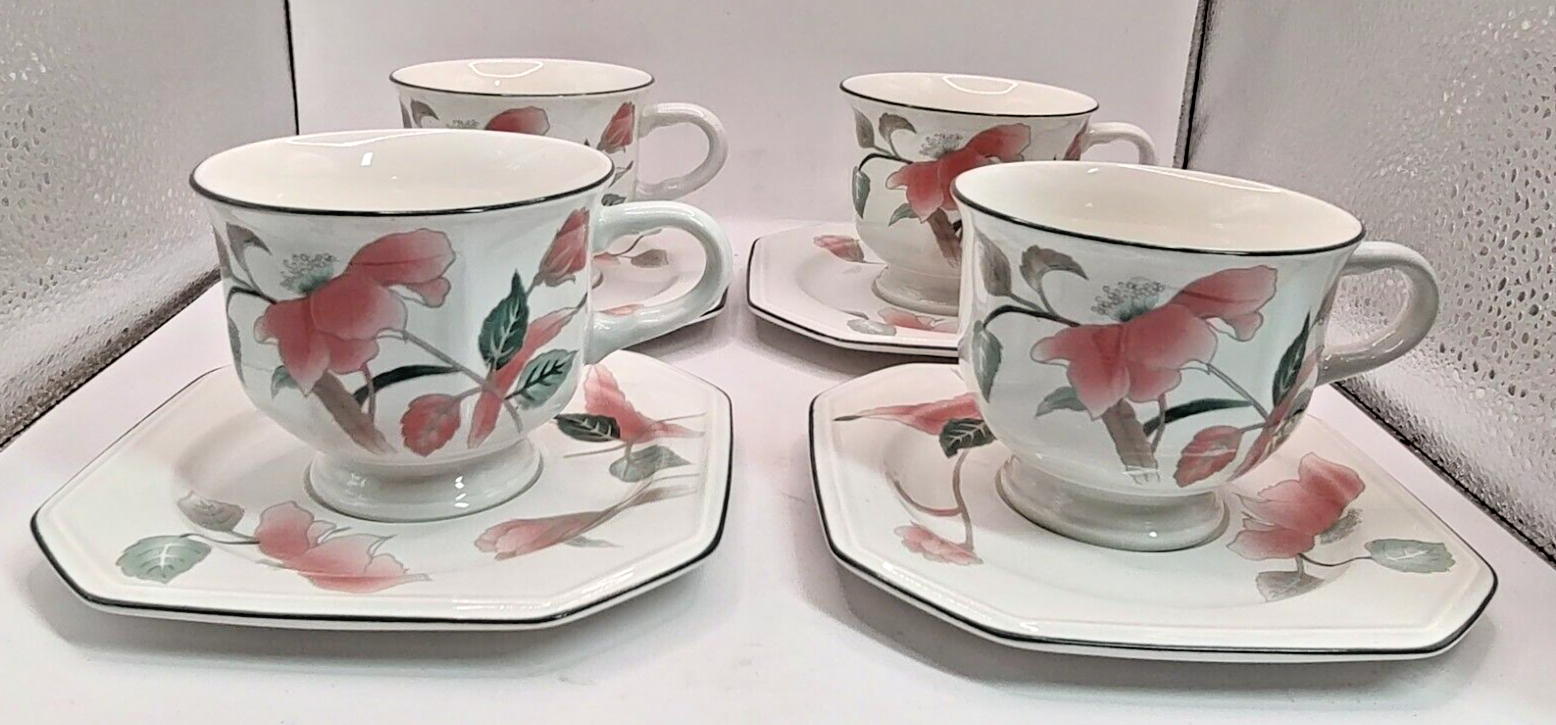 Mikasa Silk Flowers China Cup and Saucer Set Footed Lot of 4 Octagonal