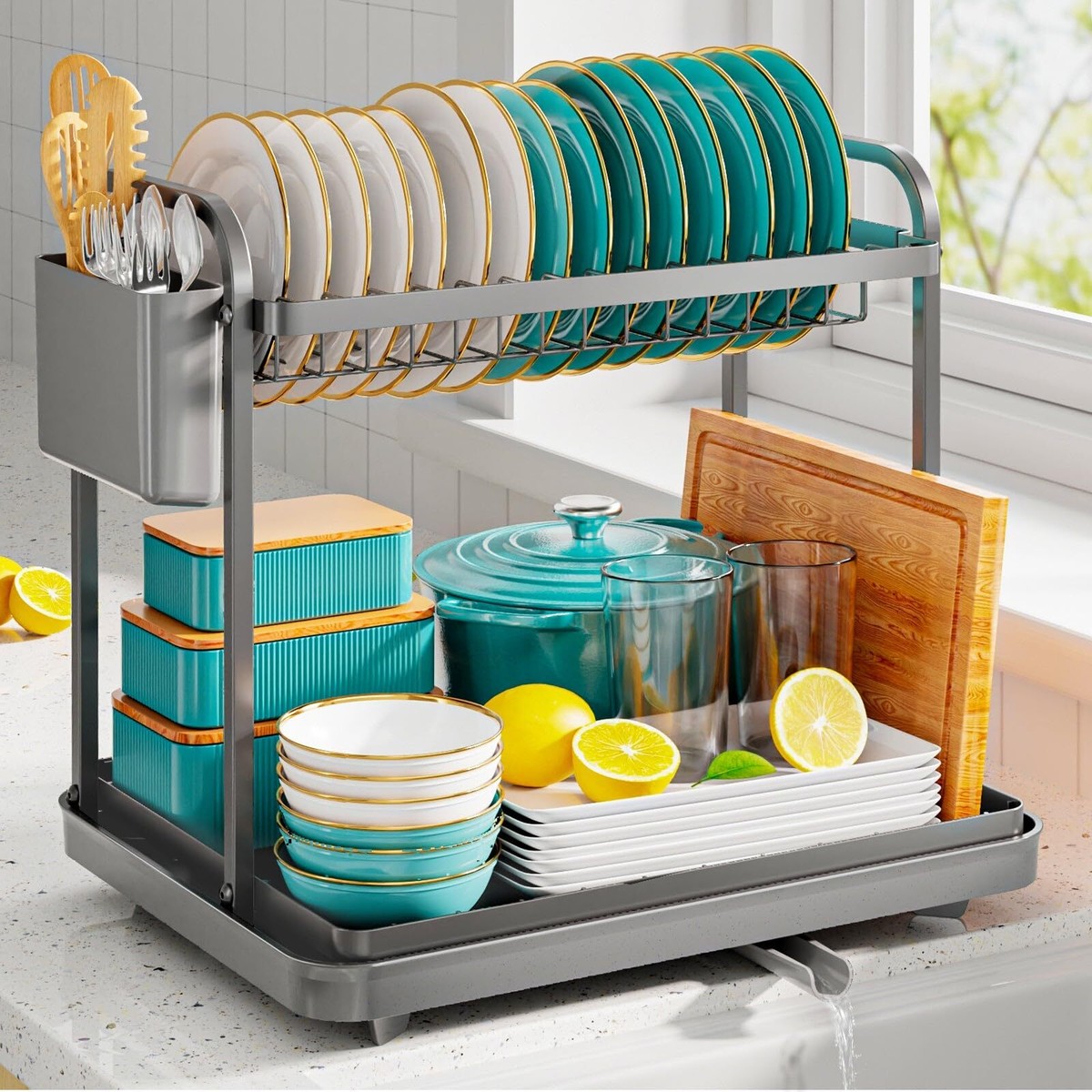 Large Over The Sink Dish Drying Rack - 2 Tier Stainless Steel Telescopic Drainer With Utensil Holders - View #7