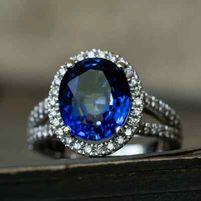 4.50 Ct Real Oval Cut Sapphire & Diamond Engagement Wedding Ring 14K White Gold