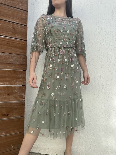 Needle & Thread Floweret Embellished Sage Green Midi Dress sz 12