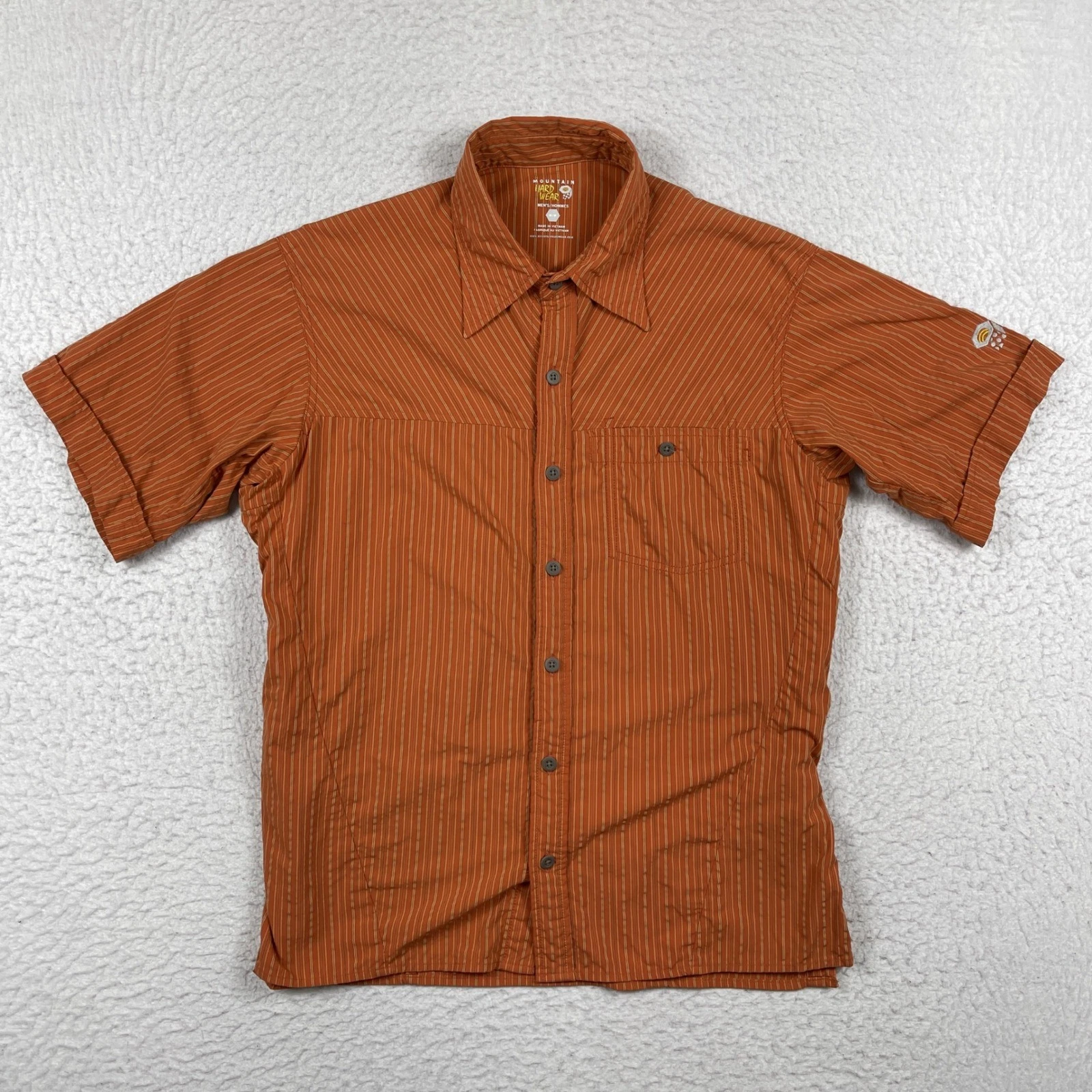 Mountain Hardwear Shirt Mens Medium Orange Striped Short Sleeve Hiking Casual