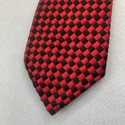 Vtg 60s Woven Tie MCM Narrow Necktie Checkerboard Plaid Red Black Slim Exec 2x58