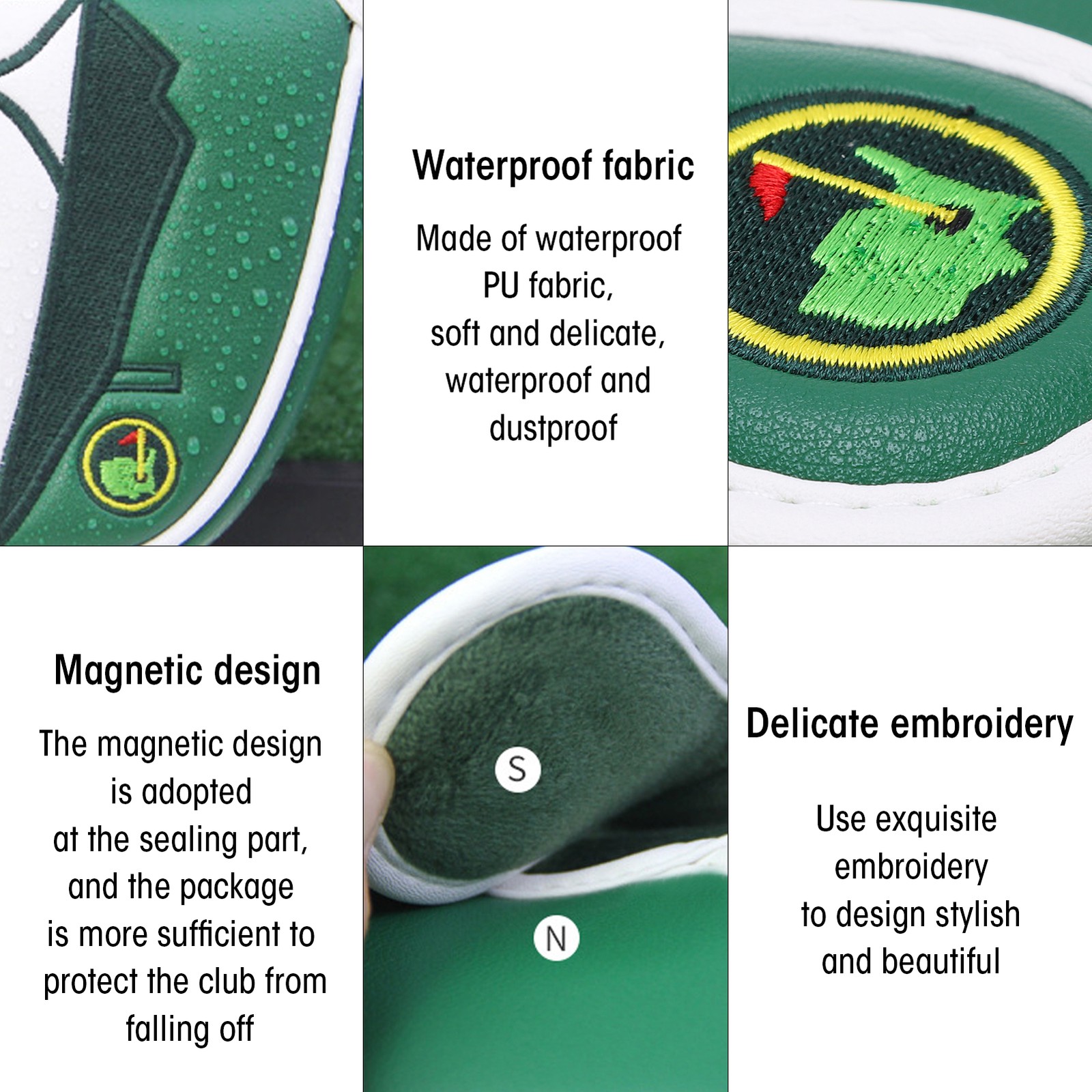 : Putter Cover Green Embroidered Cue Protection Cover Semicircle Putter.