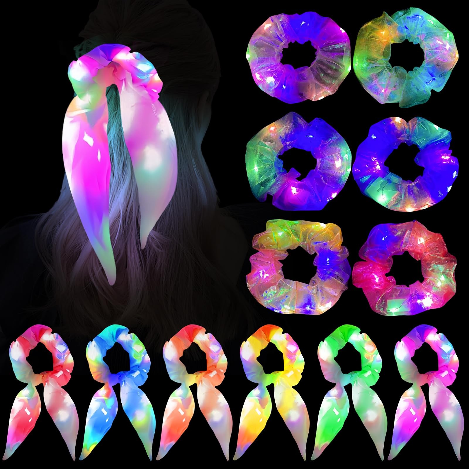 Chouchous à cheveux lumineux LED avec 3 modes d'éclairage en satin doux lot de 12