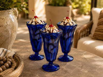 Set of 3 Anchor Hocking Fountainware Cobalt Blue Sundae Glasses Footed Cups