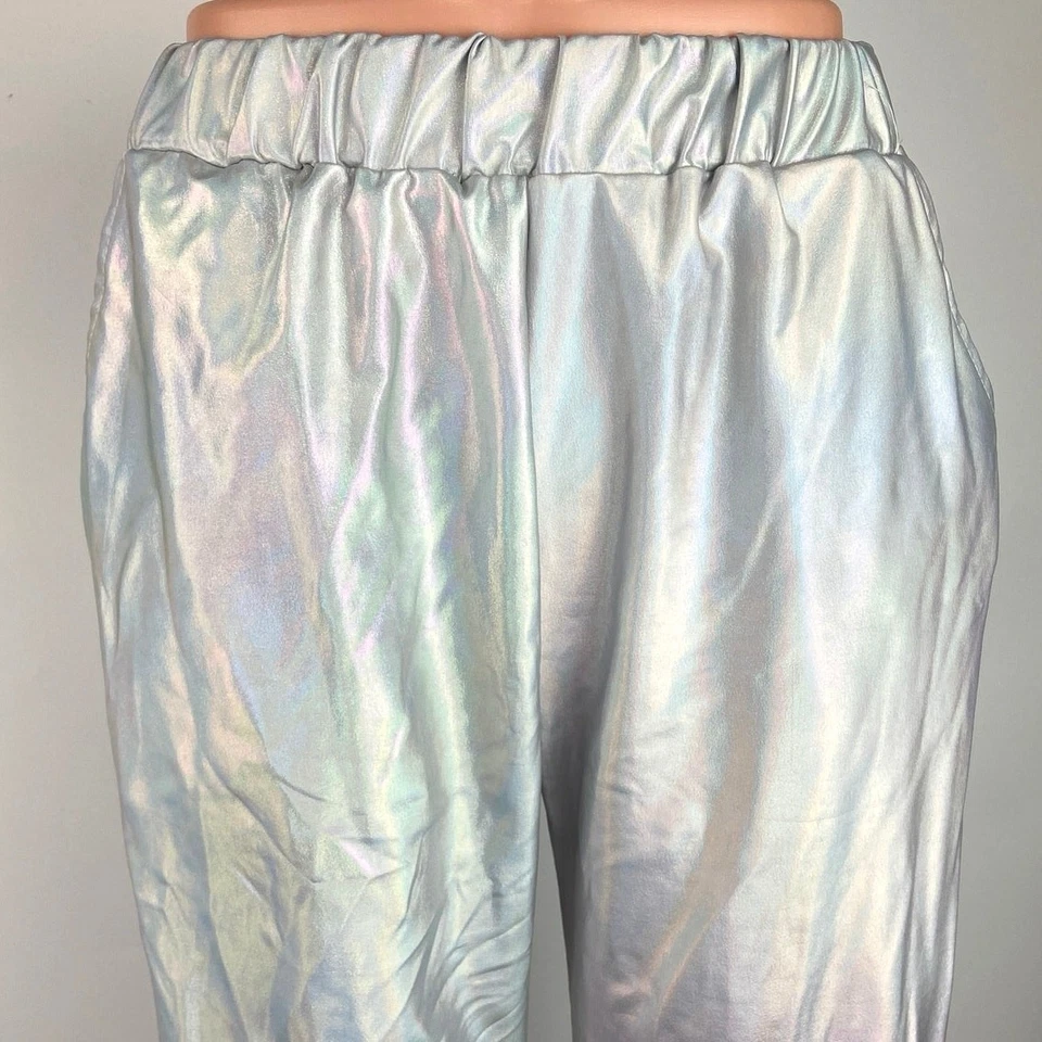 Pantalones deportivos para mujer iridiscentes plateados cromados brillantes metálicos arco iris talla S Foto 4 de 4
