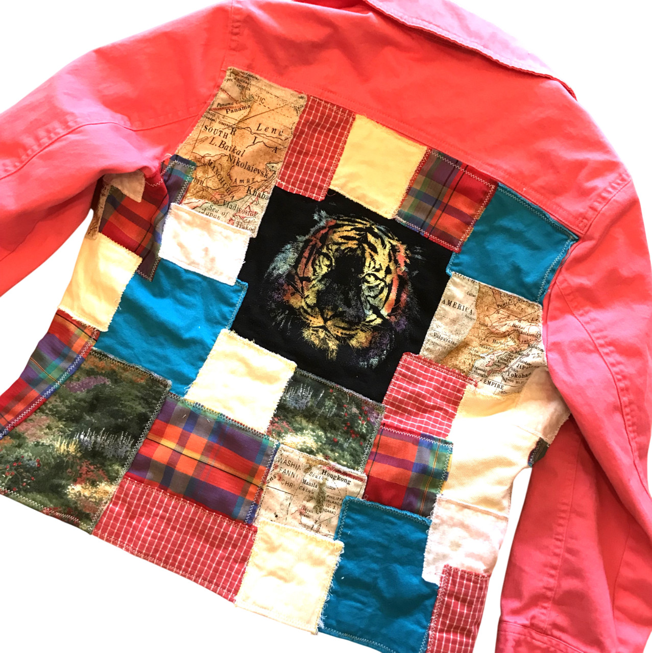 Upcycled Coral Patchwork Jacket, Boho Tattered Ti… - image 13