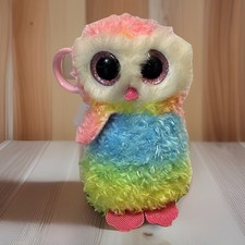Ty Beanie Boos Backpack Clip Keychain OWEN the Owl Rainbow Colors Glitter Eyes