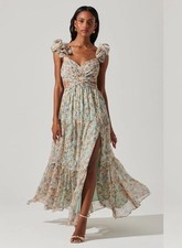 New ASTR the label Fritillaria Maxi Dress Multi Print Floral Green Size Small