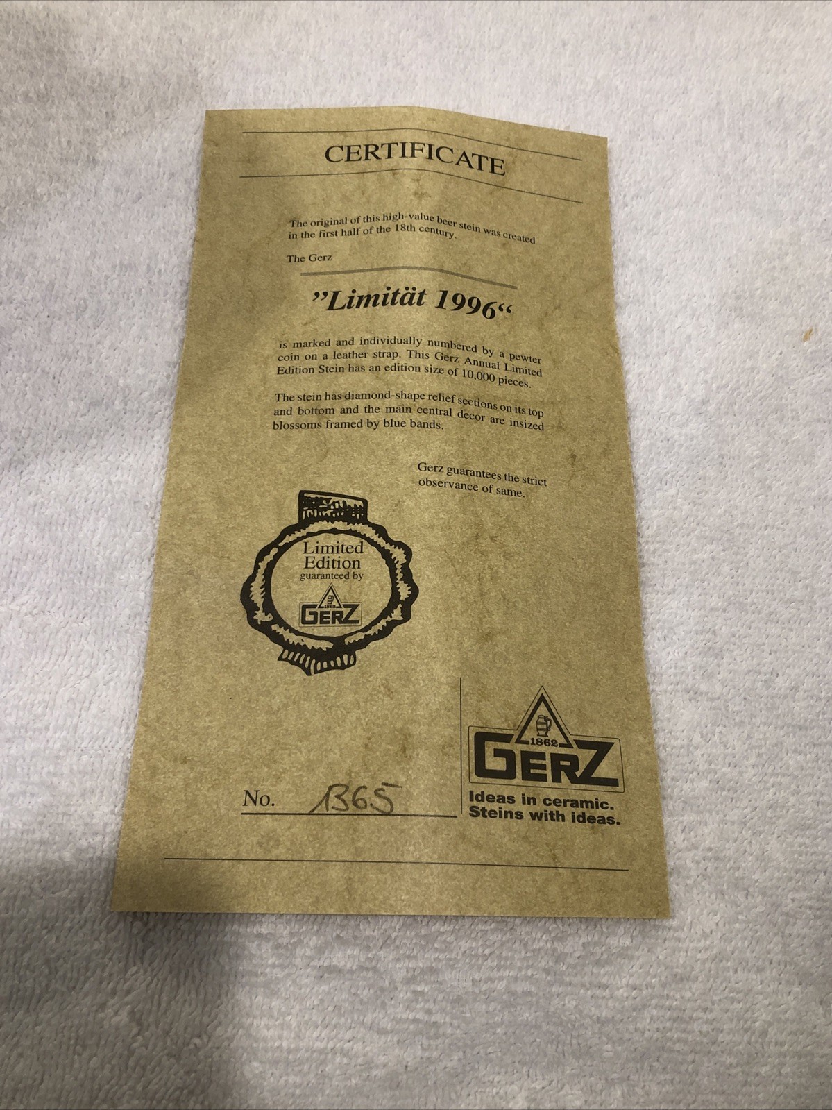 Gerz Limitat Stein Tankard 1996 Collectible Original Um 1750 Westerwald W/COA