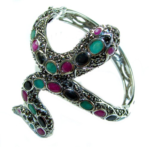 Ruby Emerald Sapphire Snake Bracelet 55.2ct 925 Silver Handmade Red Gemstone - Picture 2 of 4