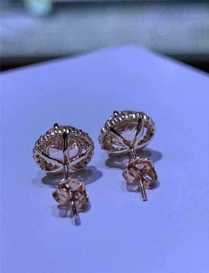 2.20Ct Round Cut Morganite Diamond Halo Stud Earrings 14K Rose Gold Finish - Image 4 of 4