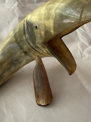 Polished Vtg Carved horn Fish Figurine Sculpture Beige/Brown Open Mouth Tail Fin