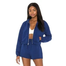 NWT Lovers + Friends Tyler Crop Drawstring Zip Up Hoodie Sweatshirt Navy Blue S