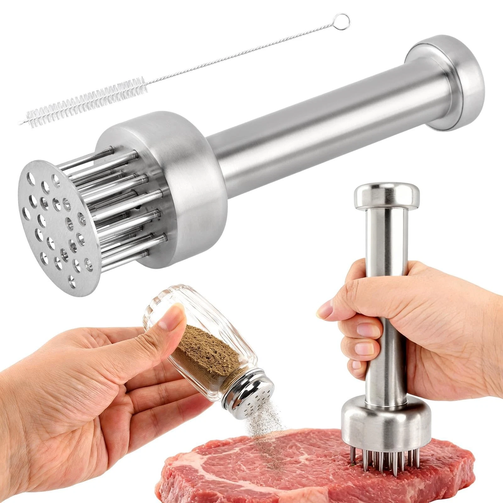 Meat Tenderizer Tool with 21 Sharp Needles & Retractable Safety Guard, 304 St...