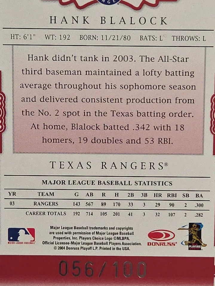 Hank Blalock 2004 Donruss Classics Timeless Tributes Red /100 #3 Texas Rangers - Image 3 of 3