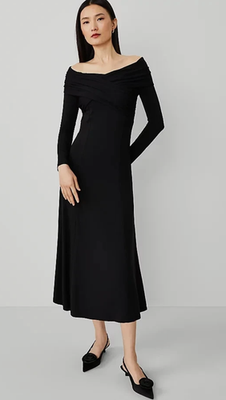 NEW ANN TAYLOR BLACK TWIST OFF THE SHOULDER KNIT MIDI DRESS SZ 12 | eBay
