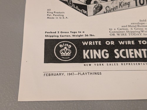 Anuncio impreso Siren King Spinning Top - Revista Playthings 1947 - Juguete Chicago años 40 - Imagen 4 de 15