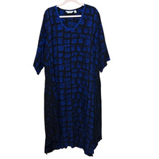 Lyng Maxi Tunic Dress Womens 2X Blue Black Geometric Asymmetric Artsy Lagenlook