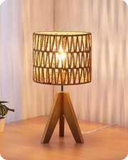 Small Table Lamp, Rattan Wood Tripod Bedside Lamp, Boho Nightstand Lamp for L...