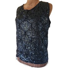 VTG 60s Black Beaded Sequin Sleeveless Top Flapper Back Zip Cocktail M Wool