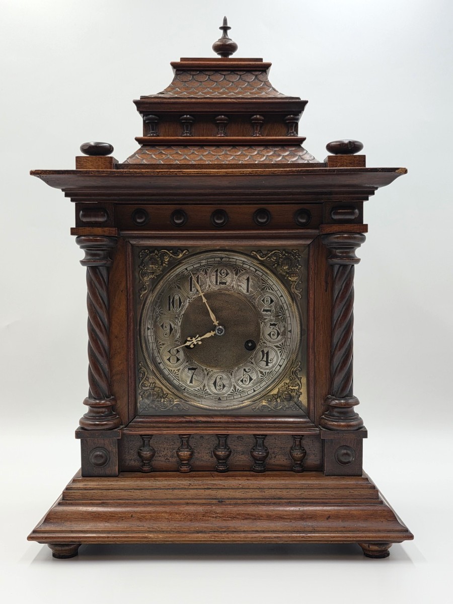 Rare Antique 1895 HAC 14 Day Strike Mantel Clock Carved Walnut