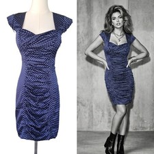 GUESS Blue Polka Dot Bombshell Mini Dress Retro Pinup Ruched Bodycon Size 6