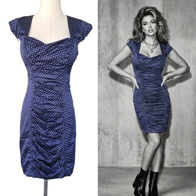 GUESS Blue Polka Dot Bombshell Mini Dress Retro Pinup Ruched Bodycon Size 6