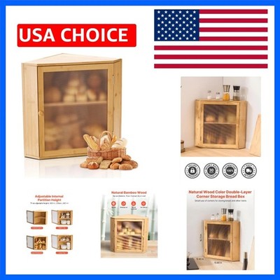 Corner Bread Box for Kitchen Counter, Double Layer Large Capacity Bamboo Brea...