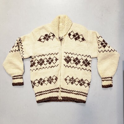 Vtg 50s 60s Argyle Wool Shawl Collar Sweater Zip Up Cardigan Hand