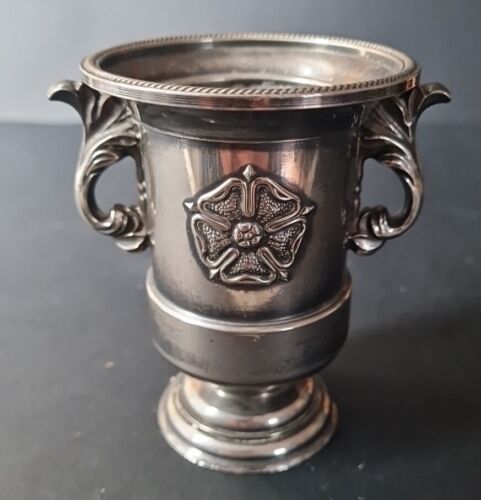 Silver Plate Urn Rose Vase With Tudor Rose Small 9.5 cm Vintage Cup  Handles - Picture 1 of 12