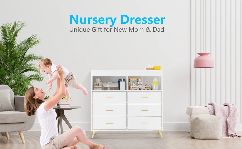 Cambiador de bebé de 6 cajones con luces LED y tapa de madera - Almacén infantil blanco Foto 2 de 4