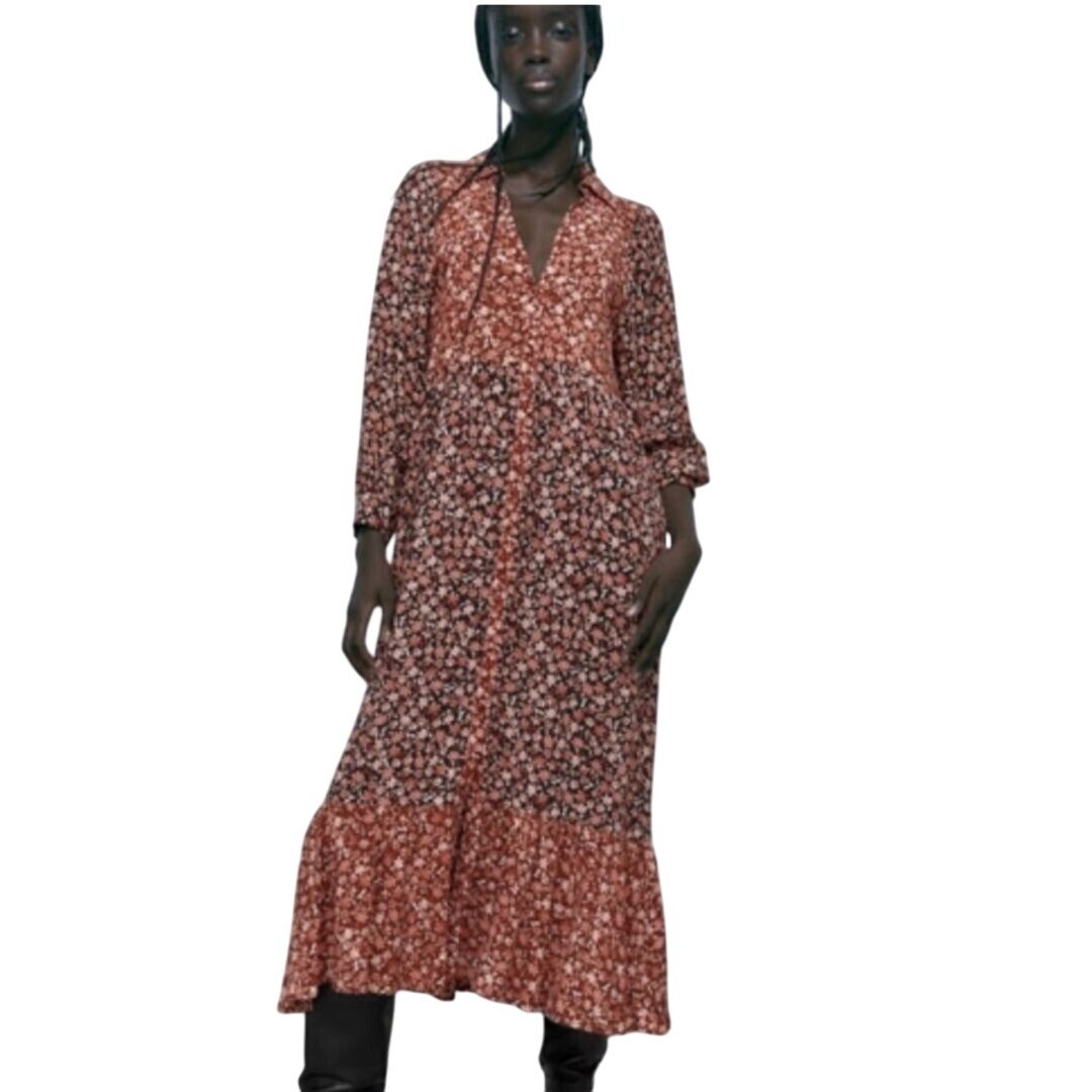 Zara NWT Black Rust Midi/Maxi Floral Button Front Shirt Dress Size XS