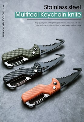 MultiTool Keychain Knife, Small Pocket Strap Cutter, Razor Sharp Serrated