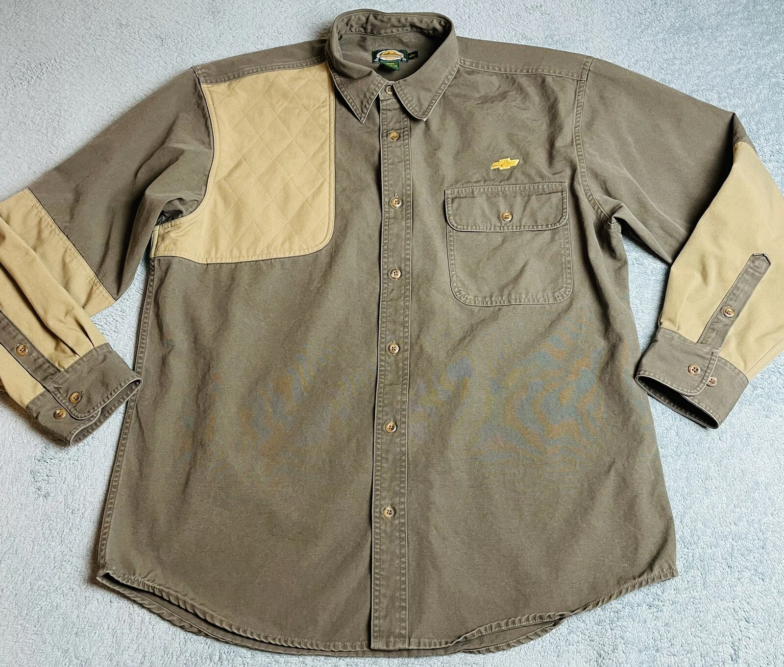 Cabela’s Long Sleeve Button Front Shirt, Quilted Panel, Chevy Logo, Brown, Large