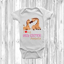 I Love My Big Sister Giraffe Baby Grow Body Suit Vest Cute Gift Personalised