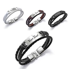 Personalised Mens PU Leather Bracelet Braided Wristband Free Engraved Any Text