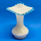 VTG 40s Fenton Aqua Blue Crest Milk Glass Ruffled Edge Jack in Pulpit Vase 8" EC