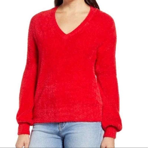 NWT Halogen Fuzzy V-neck Sweater In Red 