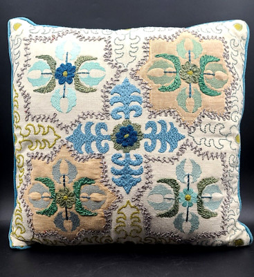 Pier One Lucien Embellished Tile Blue & Green Embroidered Boho Style Pillow 17''
