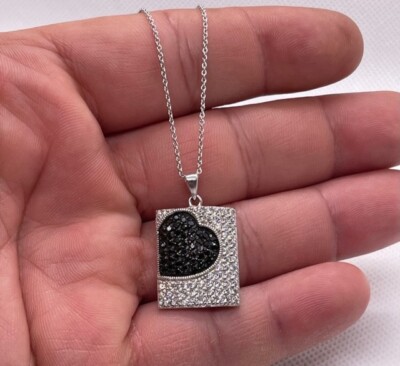Black & White heart dog tag pendant necklace lab created diamond accents